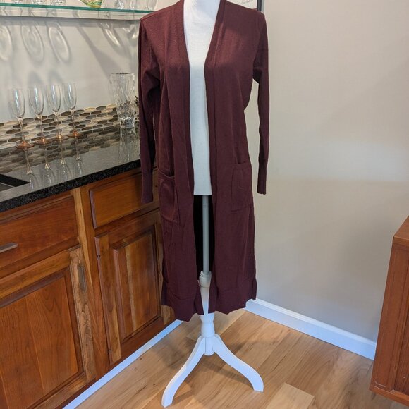 Classic Nine West Long Duster Cardigan Sweater Plum Burgundy Open Front Pockets - Picture 2 of 4